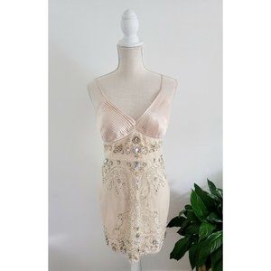 Sue Wong Beaded Embroidered Sheath Champaign Cocktail Short Sleeveless Dress 6 S